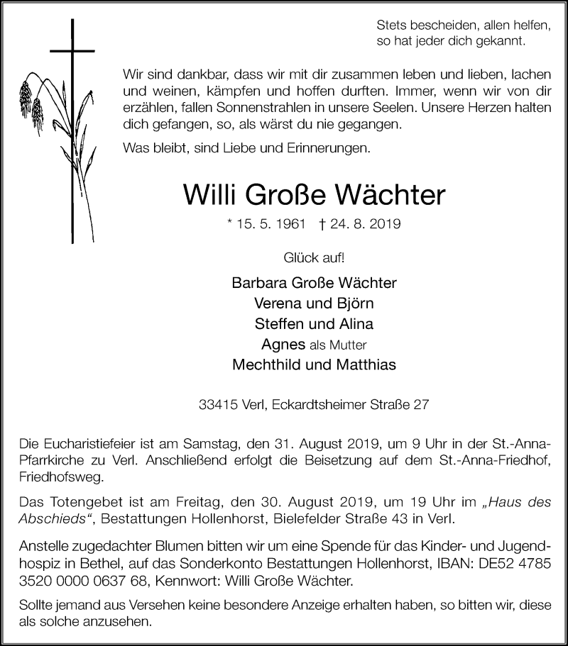  Traueranzeige für Willi Große Wächter vom 28.08.2019 aus Die Glocke