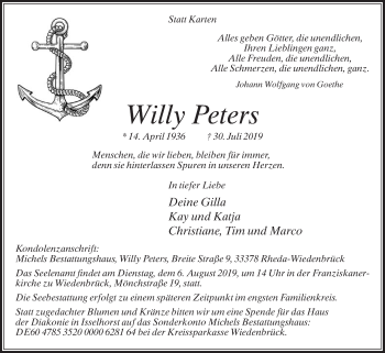 Traueranzeige von Willy Peters von Die Glocke