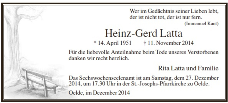  Traueranzeige für Heinz-Gerd Latta vom 12.11.2014 aus DIE GLOCKE