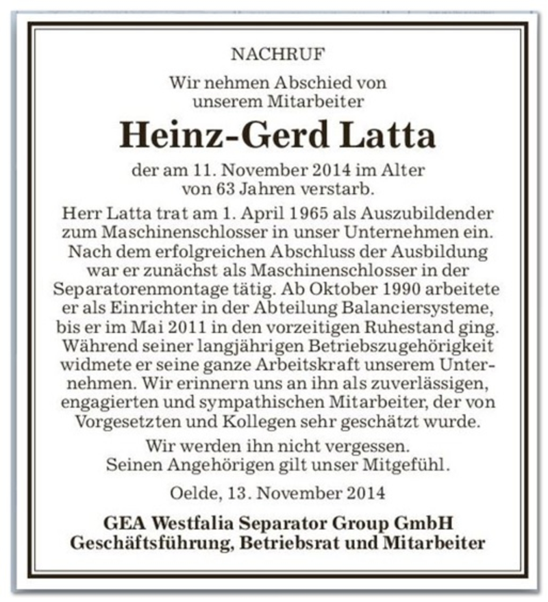  Traueranzeige für Heinz-Gerd Latta vom 13.11.2014 aus DIE GLOCKE