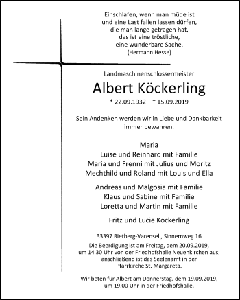 Traueranzeige von Albert Köckerling von Die Glocke