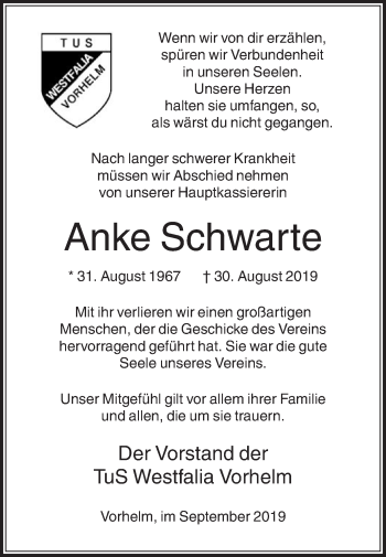 Traueranzeige von Anke Schwarte von Die Glocke