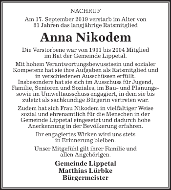 Traueranzeige von Anna Nikodem von Die Glocke