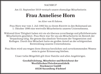 Traueranzeige von Anneliese Horn von Die Glocke