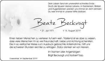 Traueranzeige von Beate Beckvogt von Die Glocke