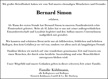 Traueranzeige von Bernard Simon von Die Glocke