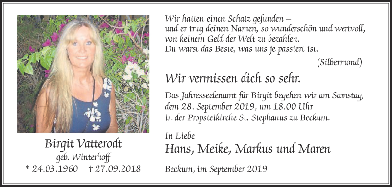  Traueranzeige für Birgit Vatterodt vom 21.09.2019 aus Die Glocke