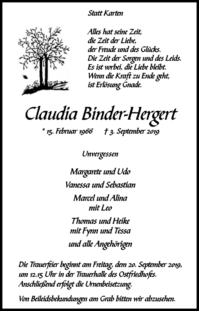  Traueranzeige für Claudia Binder-Hergert vom 07.09.2019 aus Die Glocke