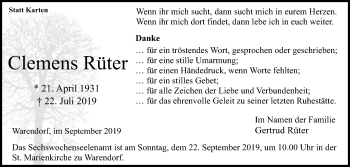 Traueranzeige von Clemens Rüter von Die Glocke