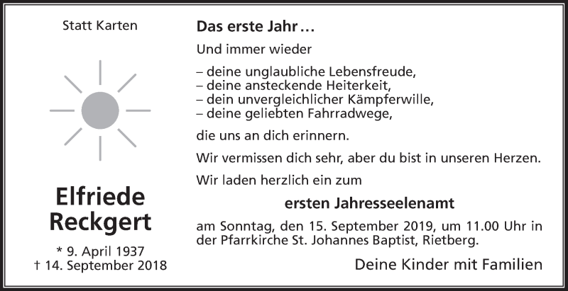  Traueranzeige für Elfriede Reckgert vom 07.09.2019 aus Die Glocke