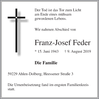 Traueranzeige von Franz-Josef Feder von Die Glocke