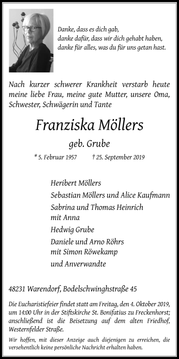 Traueranzeige von Franziska Möllers von Die Glocke