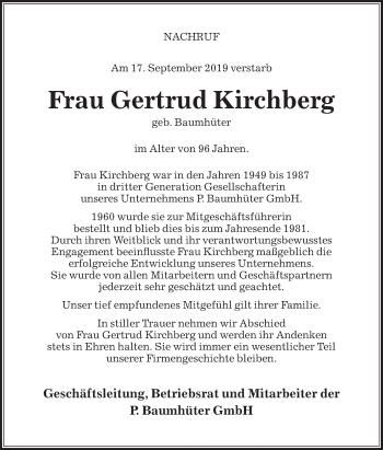 Traueranzeige von Gertrud Kirchberg von Die Glocke