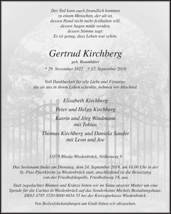 Traueranzeige von Gertrud Kirchberg von Die Glocke