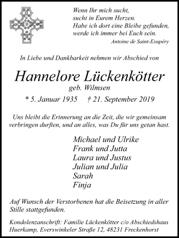 Traueranzeige von Hannelore Lückenkötter von Die Glocke