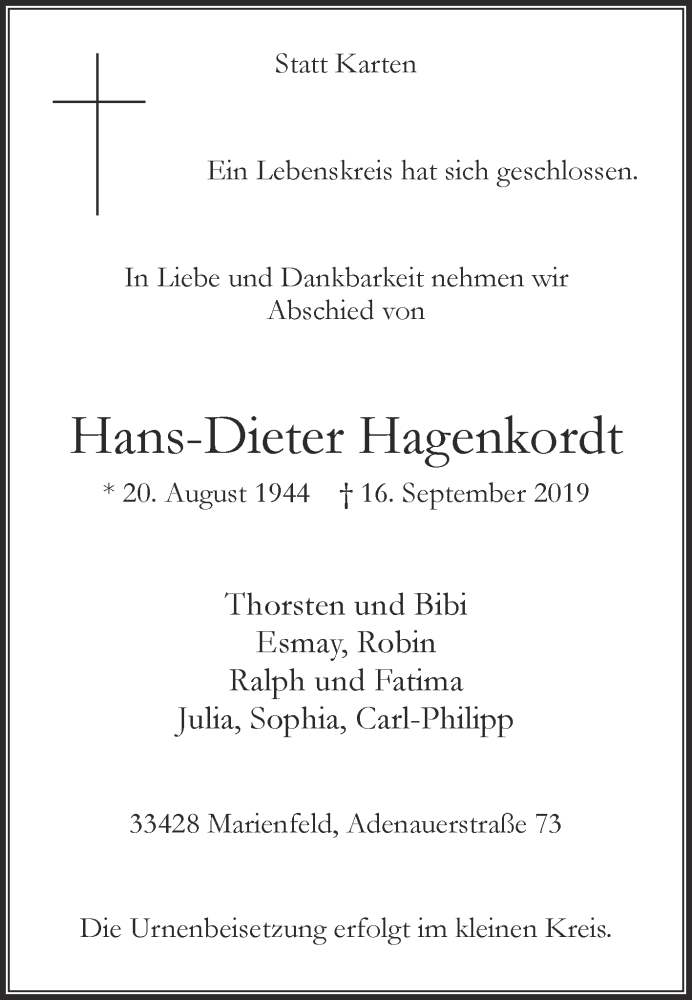  Traueranzeige für Hans-Dieter Hagenkordt vom 21.09.2019 aus Die Glocke