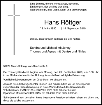 Traueranzeige von Hans Röttger von Die Glocke