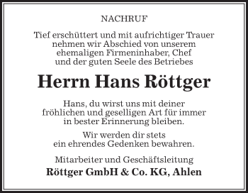 Traueranzeige von Hans Röttger von Die Glocke