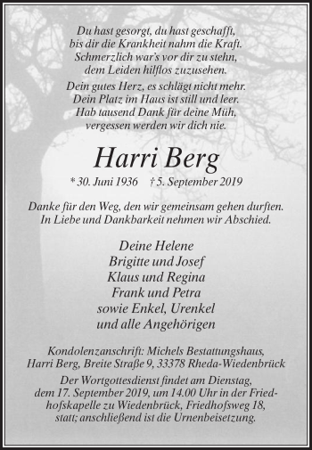 Traueranzeige von Harri Berg von Die Glocke