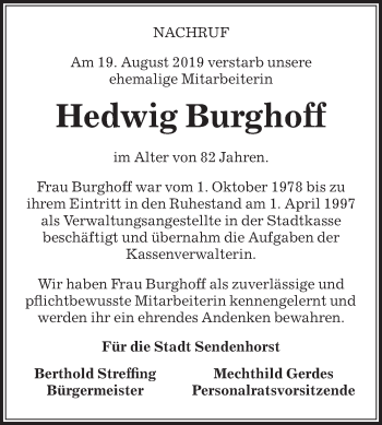 Traueranzeige von Hedwig Burghoff von Die Glocke