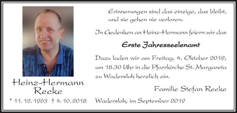  Traueranzeige für Heinz-Hermann Reeke vom 28.09.2019 aus Die Glocke