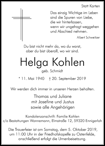 Traueranzeige von Helga Kohlen von Die Glocke