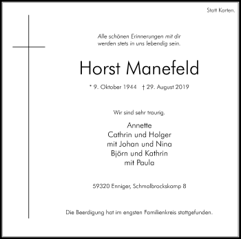 Traueranzeige von Horst Manefeld von Die Glocke