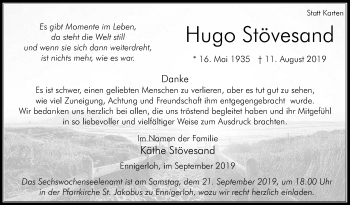 Traueranzeige von Hugo Stövesand von Die Glocke