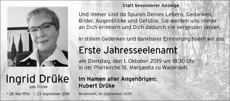  Traueranzeige für Ingrid Drüke vom 28.09.2019 aus Die Glocke