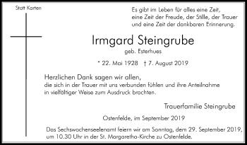 Traueranzeige von Irmgard Steingrube von Die Glocke