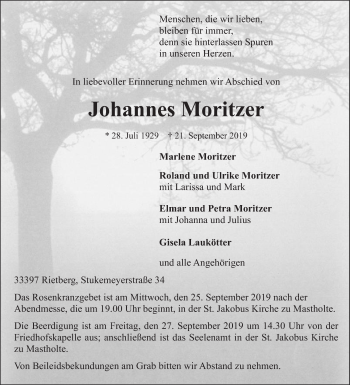 Traueranzeige von Johannes Moritzer von Die Glocke