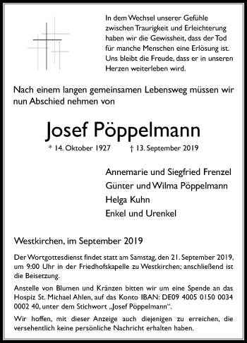 Traueranzeige von Josef Pöppelmann von Die Glocke