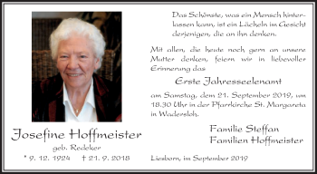 Traueranzeige von Josefine Hoffmeister von Die Glocke