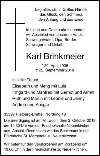 Traueranzeige von Karl Brinkmeier von Die Glocke