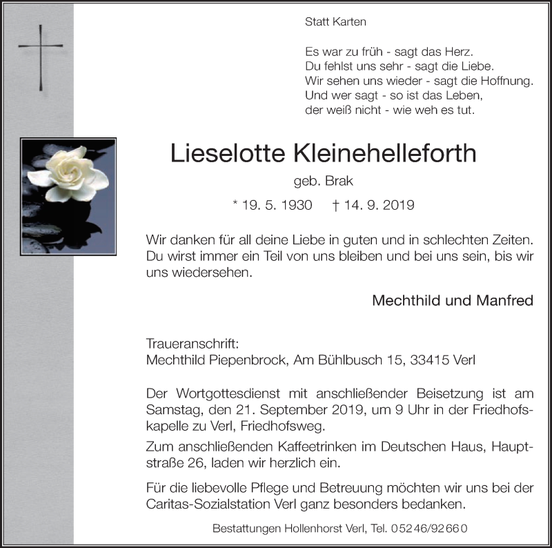  Traueranzeige für Lieselotte Kleinehelleforth vom 18.09.2019 aus Die Glocke