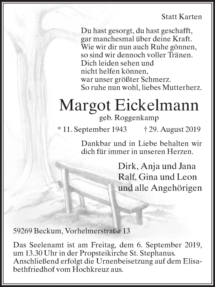  Traueranzeige für Margot Eickelmann vom 04.09.2019 aus Die Glocke