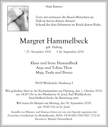 Traueranzeige von Margret Hammelbeck von Die Glocke