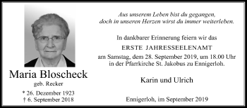 Traueranzeige von Maria Bloscheck von Die Glocke