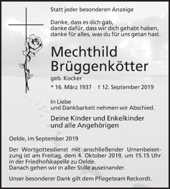 Traueranzeige von Mechthild Brüggenkötter von Die Glocke