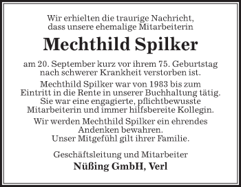 Traueranzeige von Mechthild Spilker von Die Glocke