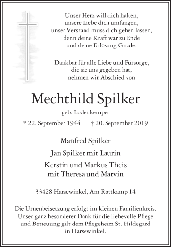 Traueranzeige von Mechthild Spilker von Die Glocke