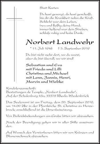 Traueranzeige von Norbert Landwehr von Die Glocke