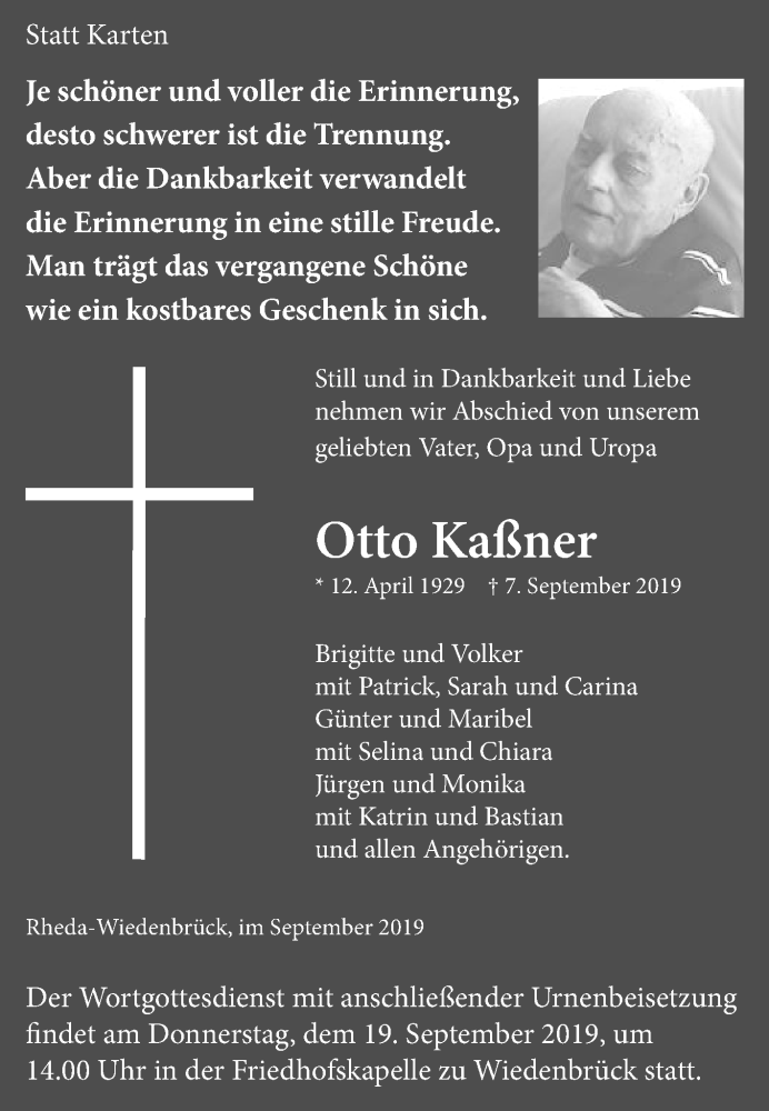  Traueranzeige für Otto Kaßner vom 14.09.2019 aus Die Glocke