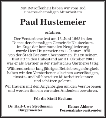 Traueranzeige von Paul Hustemeier von Die Glocke