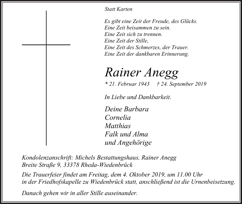  Traueranzeige für Rainer Anegg vom 28.09.2019 aus Die Glocke