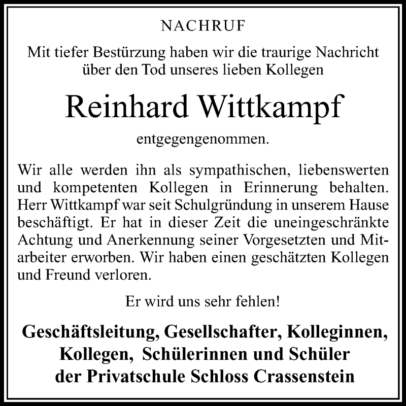  Traueranzeige für Reinhard Wittkampf vom 21.09.2019 aus Die Glocke