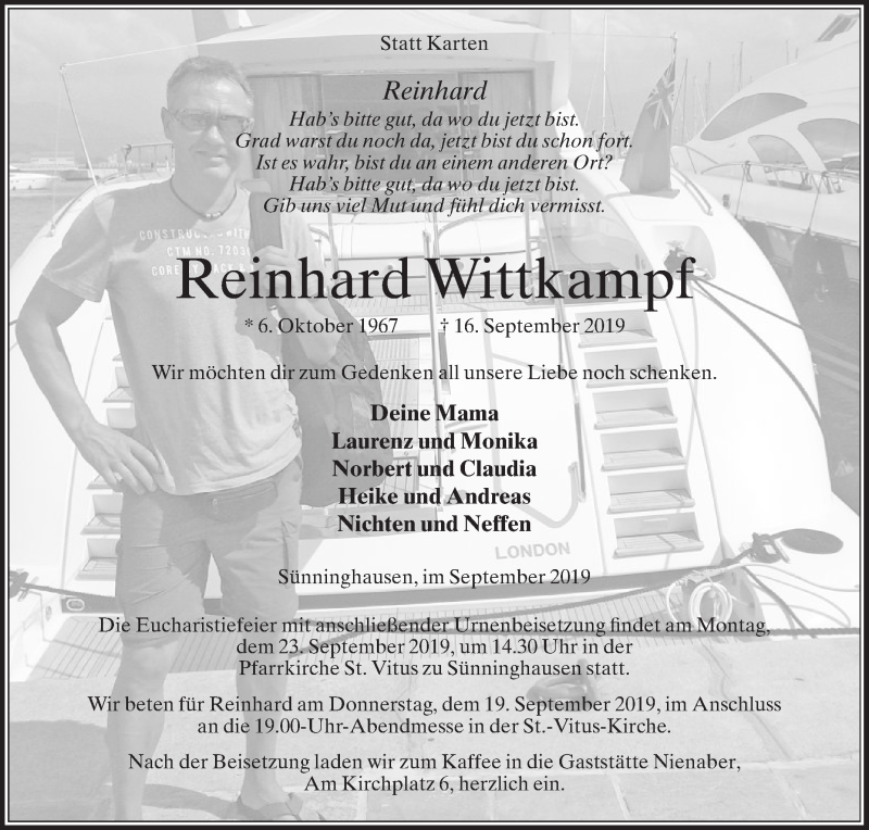  Traueranzeige für Reinhard Wittkampf vom 18.09.2019 aus Die Glocke