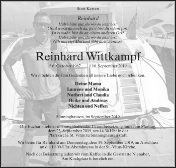 Traueranzeige von Reinhard Wittkampf von Die Glocke