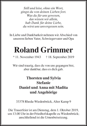 Traueranzeige von Roland Grimmer von Die Glocke