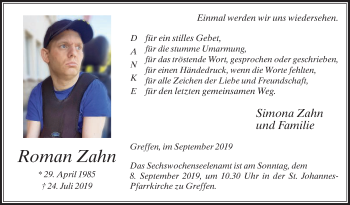 Traueranzeige von Roman Zahn von Die Glocke